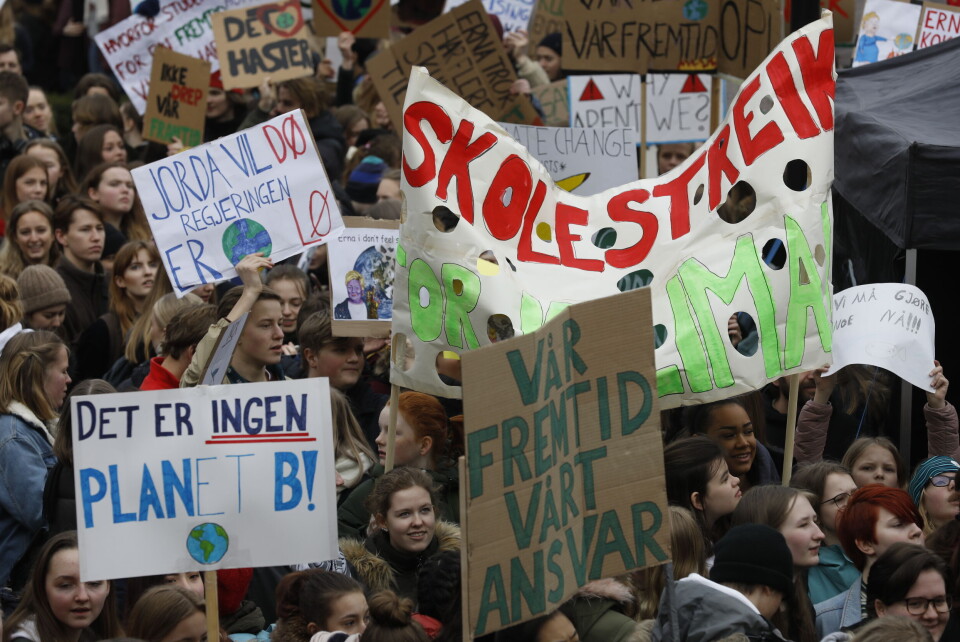 Skoleelever streiker for klimaet utenfor Stortinget i mars. Foto: Tom Hansen / NTB scanpix Skoleelever streiker for klimaet utenfor Stortinget i mars. Foto: Tom Hansen / NTB scanpix
