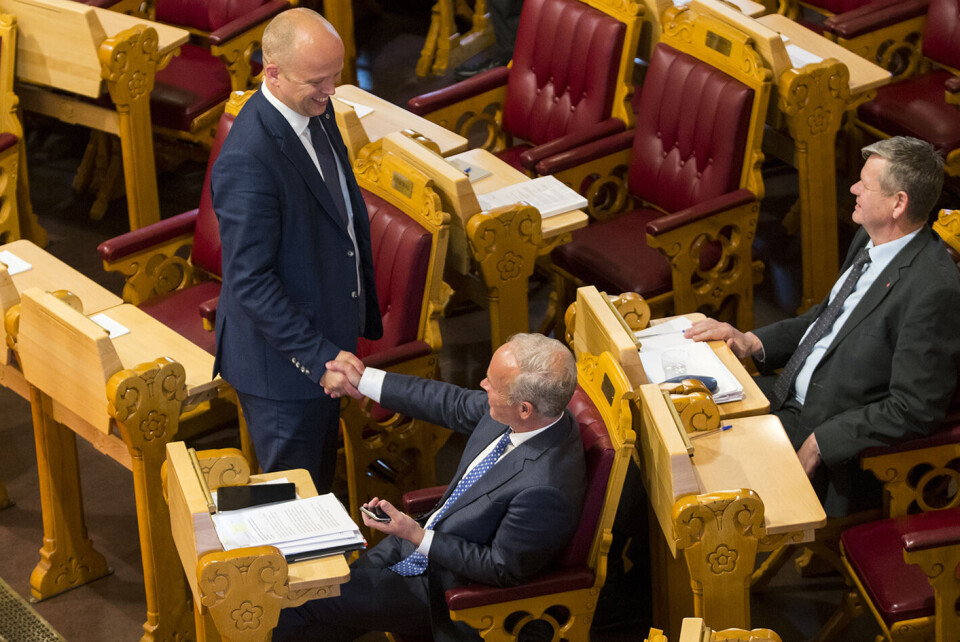 Trygve Slagsvold Vedum og Jan Tore Sanner før avstemningen om kommune- og regionreformen tidligere i år. Foto: Heiko Junge / NTB scanpix Trygve Slagsvold Vedum og Jan Tore Sanner før avstemningen om kommune- og regionreformen tidligere i år. Foto: Heiko Junge / NTB scanpix