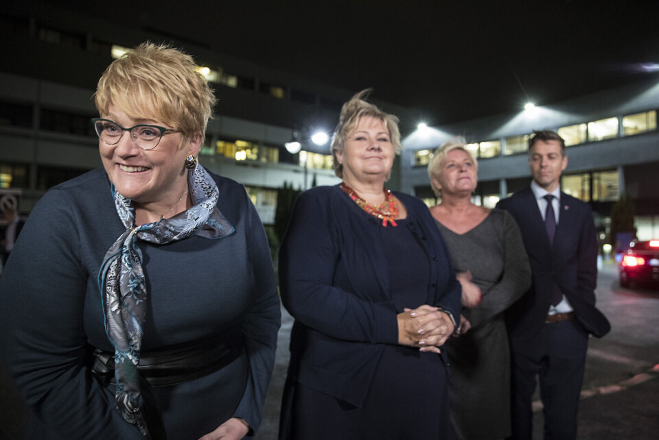 Venstre-leder Trine Skei Grande, statsminister Erna Solberg, Frp-leder Siv Jensen og KrF-leder Knut Arild Hareide på vei inn til partilederdebatt i NRK. Foto: Vidar Ruud / NTB scanpix Venstre-leder Trine Skei Grande, statsminister Erna Solberg, Frp-leder Siv Jensen og KrF-leder Knut Arild Hareide på vei inn til partilederdebatt i NRK. Foto: Vidar Ruud / NTB scanpix
