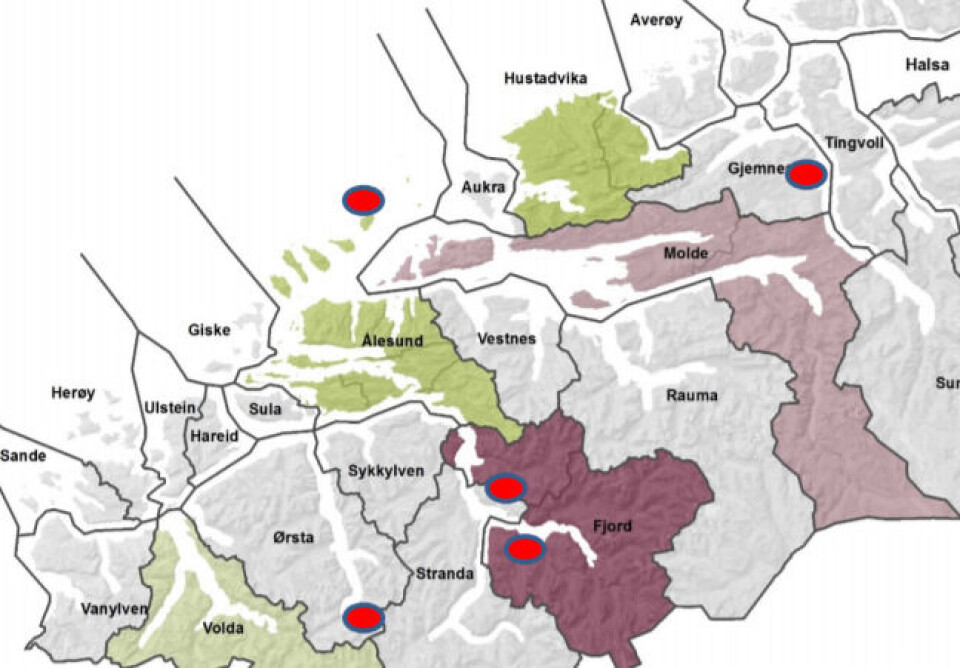 Kartet viser oversikt over grensejusteringene som er utredet i Møre og Romsdal. Illustrasjon: Fylkesmannen i Møre og Romsdal Kartet viser oversikt over grensejusteringene som er utredet i Møre og Romsdal. Illustrasjon: Fylkesmannen i Møre og Romsdal