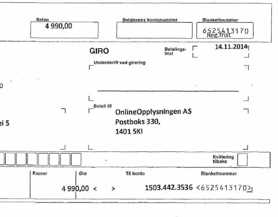 Dette er ikke en faktura, men et tilbud hever katalogaktøren Onlineopplysningen og viser til at det under rubrikken for blankettnummer står «reg.frist» og ikke bare betalingsfrist. Dette er ikke en faktura, men et tilbud hever katalogaktøren Onlineopplysningen og viser til at det under rubrikken for blankettnummer står «reg.frist» og ikke bare betalingsfrist.