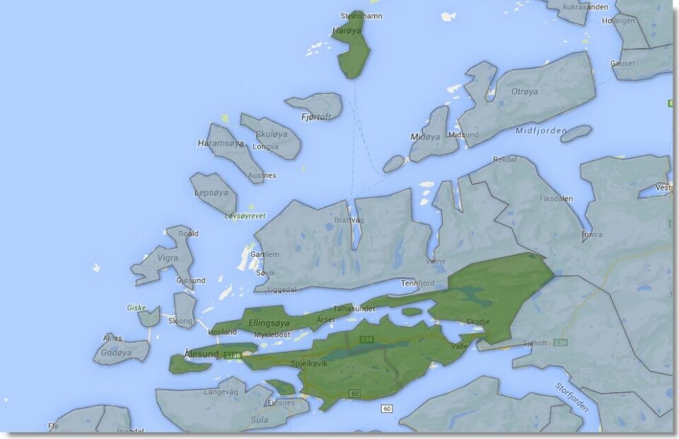 Sandøy (grønn øy øverst i kartet) er ikke akkurat nabo til Ålesund, i motsetning til Skodje (grønn del til høyre for selve Ålesund). Grafikk fra Google Maps Sandøy (grønn øy øverst i kartet) er ikke akkurat nabo til Ålesund, i motsetning til Skodje (grønn del til høyre for selve Ålesund). Grafikk fra Google Maps