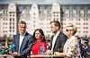 Statsminister Jens Stoltenberg (f.v), kulturminister Hadia Tajik, partileder i SV Audun Lysbakken og partileder i senterpartiet Liv Signe Navarsete er tilstedet når regjeringen lanserer kulturløftet på sukkerbiten søndag. Foto: Fredrik Varfjell / NTB scanpix