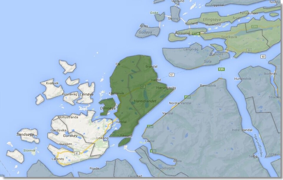 Hareid og Ulstein (mørke grønne kommuner på kartet) er enige om intensjonsavtale, mens Herøy og Sande (lyse kommuner) nå sonderer med hverandre. Begge kommunene ligger på Sunnmøre, litt sør for Ålesund som skal slå seg sammen med Skodje og Sandøy. Grafikk: Google Maps/Kommunal Rapport Hareid og Ulstein (mørke grønne kommuner på kartet) er enige om intensjonsavtale, mens Herøy og Sande (lyse kommuner) nå sonderer med hverandre. Begge kommunene ligger på Sunnmøre, litt sør for Ålesund som skal slå seg sammen med Skodje og Sandøy. Grafikk: Google Maps/Kommunal Rapport