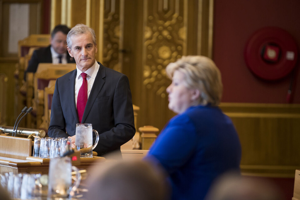 Det ligger an til et rollebytte mellom statsminister Erna Solberg (H) og opposisjonsleder Jonas Gahr Støre (Ap) etter høstens stortingsvalg dersom valgkampen utvikler seg i tråd med mønsteret fra tidligere valg på 2000-tallet, ifølge statsviter og valganalytiker Svein Tore Marthinsen. Foto: Heiko Junge / NTB scanpix Det ligger an til et rollebytte mellom statsminister Erna Solberg (H) og opposisjonsleder Jonas Gahr Støre (Ap) etter høstens stortingsvalg dersom valgkampen utvikler seg i tråd med mønsteret fra tidligere valg på 2000-tallet, ifølge statsviter og valganalytiker Svein Tore Marthinsen. Foto: Heiko Junge / NTB scanpix