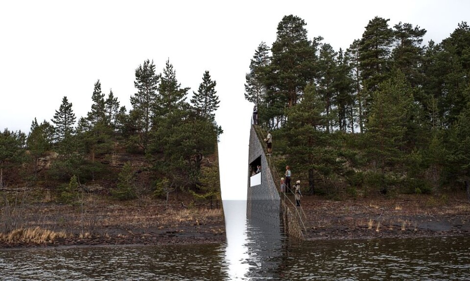 Illustrasjonsbilde av kunstverket som vant konkurransen om et minnesmerke for 22. juli. Vinneren er den svenske kuntneren Jonas Dahlberg. Materiale skal graves ut fra Sørbråten ved Utvika og på den maten skape et arr i landskapet til minne om 22. juli. Massene som graves ut skal brukes i et minnested i regjeringskvartalet i Oslo. Foto: Jonas Dahlberg Studio, NTB Scanpix Illustrasjonsbilde av kunstverket som vant konkurransen om et minnesmerke for 22. juli. Vinneren er den svenske kuntneren Jonas Dahlberg. Materiale skal graves ut fra Sørbråten ved Utvika og på den maten skape et arr i landskapet til minne om 22. juli. Massene som graves ut skal brukes i et minnested i regjeringskvartalet i Oslo. Foto: Jonas Dahlberg Studio, NTB Scanpix