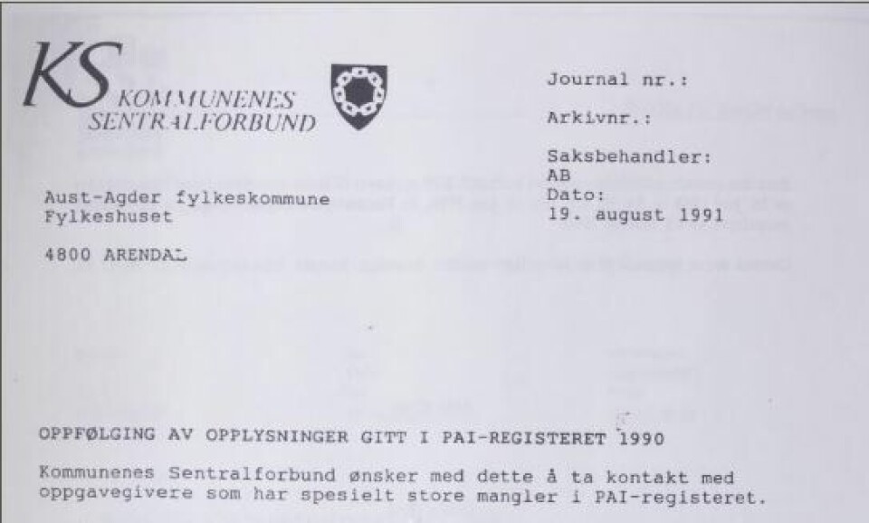 KS har forvaltet PAI-registeret i snart 30 år. Her fra et informasjonsbrev høsten 1991. KS har forvaltet PAI-registeret i snart 30 år. Her fra et informasjonsbrev høsten 1991.