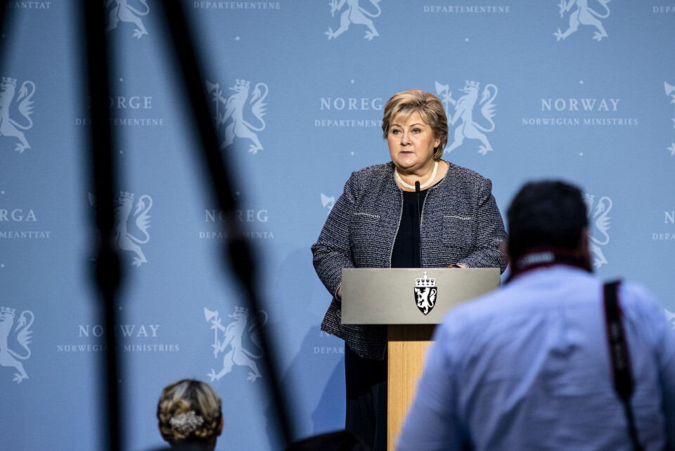 Her er tidligere statsminister Erna Solberg (H) fotografert under en pressekonferanse om koronasituasjonen i november 2020. Her er tidligere statsminister Erna Solberg (H) fotografert under en pressekonferanse om koronasituasjonen i november 2020.