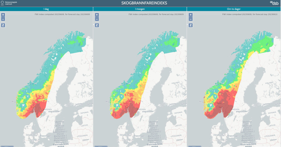 Brannfaren bekymrer – beredskapen er høynet Skogbrannfaren øker dag for dag fram mot kommende helg, viser kart fra DSB.