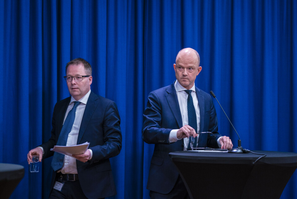 KS-leder Bjørn Arild Gram og administrerende direktør i NHO, Ole Erik Almlid, under pressekonferansen om veilederen til smittevernloven. KS-leder Bjørn Arild Gram og administrerende direktør i NHO, Ole Erik Almlid, under pressekonferansen om veilederen til smittevernloven.