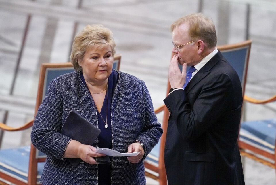 Høyre-leder Erna Solberg og ektemannen Sindre Finnes før utdelingen av Nobels fredspris for 2022 i Oslo rådhus lørdag. Høyre-leder Erna Solberg og ektemannen Sindre Finnes før utdelingen av Nobels fredspris for 2022 i Oslo rådhus lørdag.