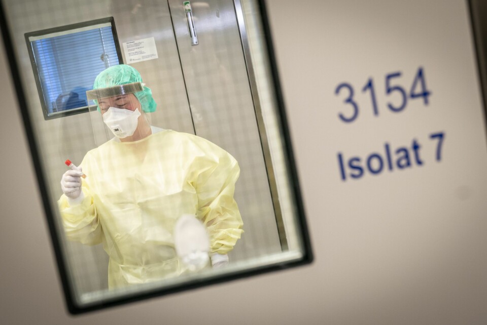 En sykepleier på isolatpostenved Ullevål sykehus med en spyttprøve. En sykepleier på isolatpostenved Ullevål sykehus med en spyttprøve.