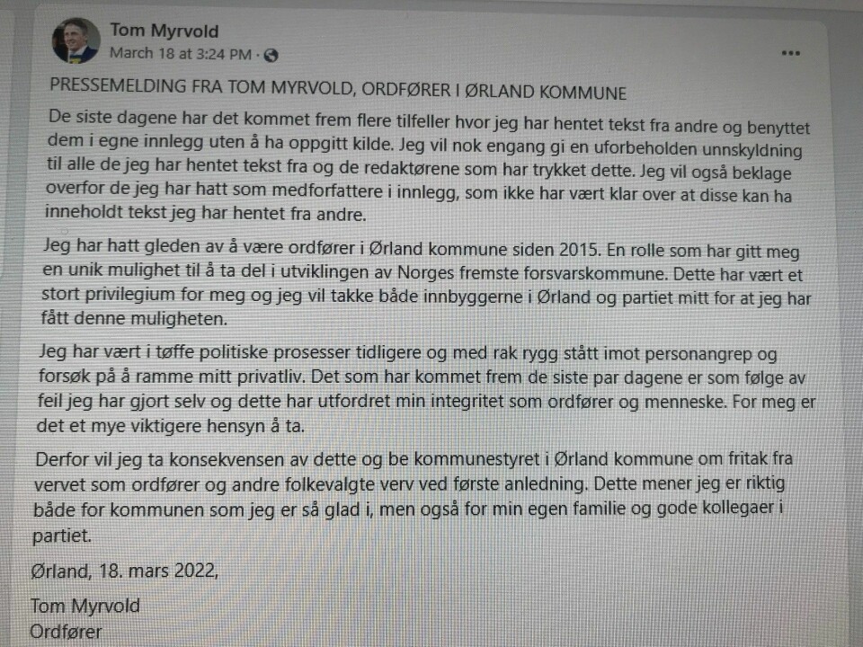 Faksimile fra Tom Myrvolds åpne Facebook-side. Faksimile fra Tom Myrvolds åpne Facebook-side.