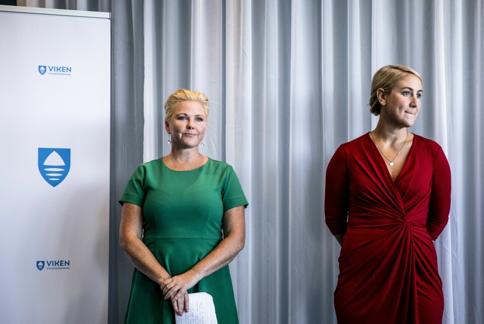 Fylkesråd for klima og miljø i Viken, Anne Beate Tvinnereim (Sp), og fylkesrådsleder Tonje Brenna (Ap) under dagens pressekonferanse. Fylkesråd for klima og miljø i Viken, Anne Beate Tvinnereim (Sp), og fylkesrådsleder Tonje Brenna (Ap) under dagens pressekonferanse.