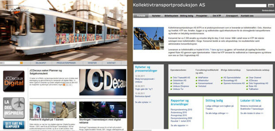 Faksimile av nettsidene til JCDecaux og Kollektivtransportproduksjon AS. (Montasje) Faksimile av nettsidene til JCDecaux og Kollektivtransportproduksjon AS. (Montasje)