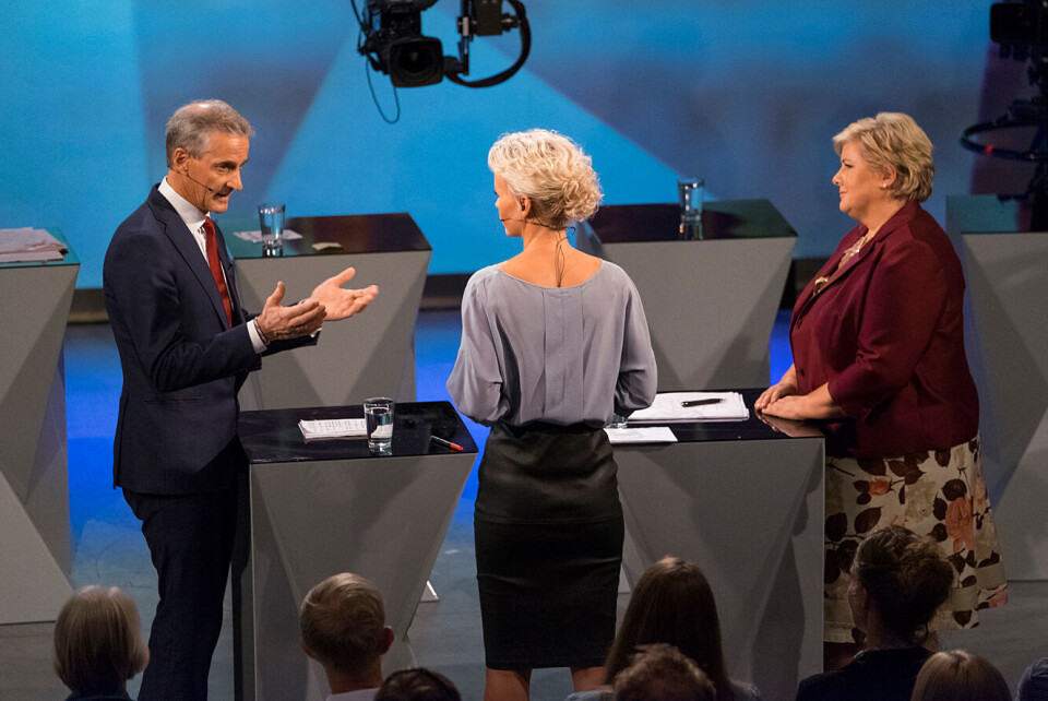 Partileder Jonas Gahr Støre (Ap) og statsminister Erna Solberg (H) i duell under partilederdebatten i Arena kultur og rådhus under Arendalsuka. Foto: Tor Erik Schrøder / NTB scanpix Partileder Jonas Gahr Støre (Ap) og statsminister Erna Solberg (H) i duell under partilederdebatten i Arena kultur og rådhus under Arendalsuka. Foto: Tor Erik Schrøder / NTB scanpix