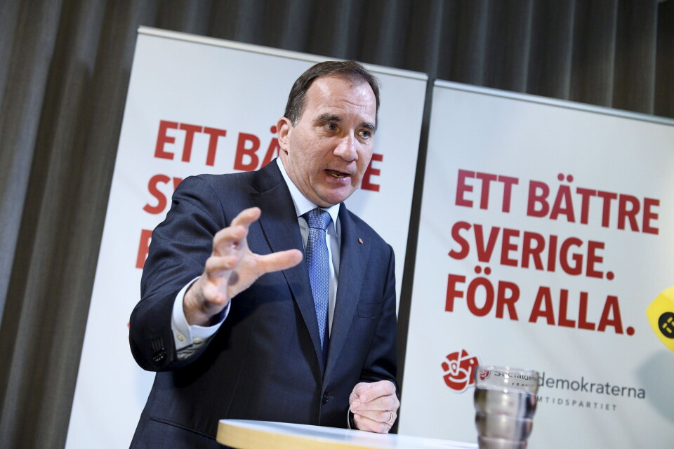 Socialdemokraternas partileder Stefan Löfven (valgets vinner) holder pressetreff i partiets høykvarter på Sveavägen 68 i Stockholm, dagen etter at Sverige avholdt både parlamentsvalg, regionvalg og kommunevalg. Over 80 prosent stemte. Foto: Claudio Bresciani/ TT / NTB scanpix Socialdemokraternas partileder Stefan Löfven (valgets vinner) holder pressetreff i partiets høykvarter på Sveavägen 68 i Stockholm, dagen etter at Sverige avholdt både parlamentsvalg, regionvalg og kommunevalg. Over 80 prosent stemte. Foto: Claudio Bresciani/ TT / NTB scanpix
