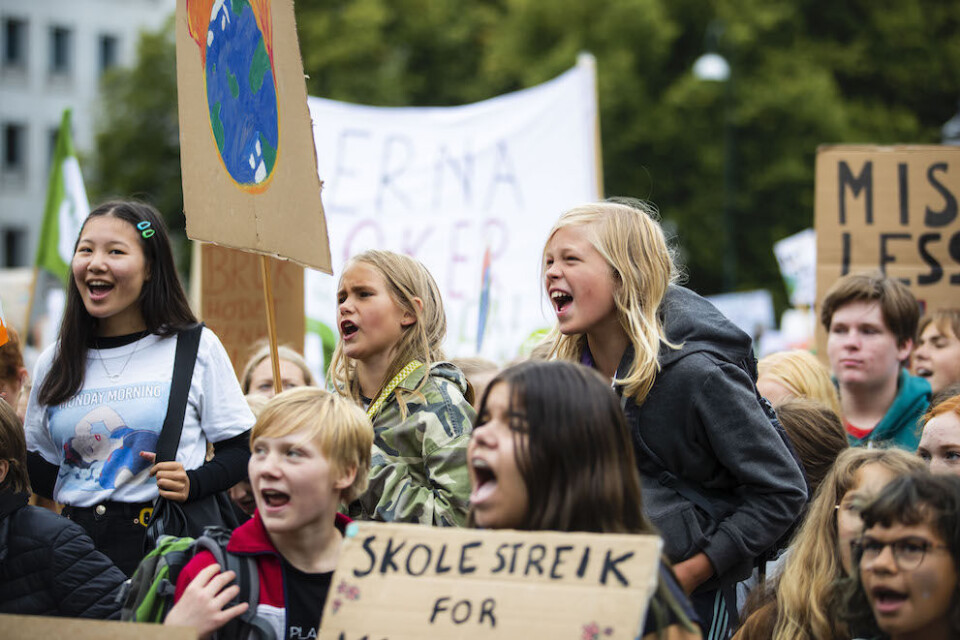 Skolestreikere foran Stortinget i Oslo i august i fjor. Foto: Håkon Mosvold Larsen, NTB scanpix Skolestreikere foran Stortinget i Oslo i august i fjor. Foto: Håkon Mosvold Larsen, NTB scanpix
