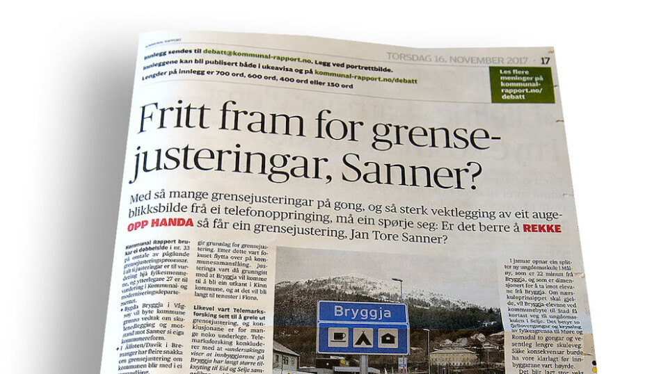 Det er med undring vi ser at Ap-ordførarane i Flora og Vågsøy held fast på at «dei veit best» kva som tener folk på Bryggja – og ikkje forheld seg til det omfattande utgreiingsarbeidet i saka, skriv ordførarane i Selje og Eid. Faksimile av Kommunal Rapport nr. 36 Det er med undring vi ser at Ap-ordførarane i Flora og Vågsøy held fast på at «dei veit best» kva som tener folk på Bryggja – og ikkje forheld seg til det omfattande utgreiingsarbeidet i saka, skriv ordførarane i Selje og Eid. Faksimile av Kommunal Rapport nr. 36