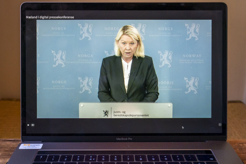 Justis- og beredskapsminister Monica Mæland (H) holder daglig en digital pressekonferanse. Justis- og beredskapsminister Monica Mæland (H) holder daglig en digital pressekonferanse.