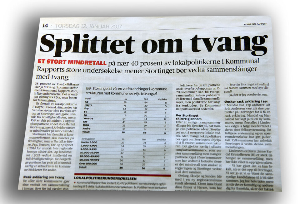 Kommunal Rapport har valgt en tendensiøs vinkling på artikkelen om kommunepolitikernes syn på tvangssammenslåing, mener Heming Olaussen. Faksimile av Kommunal Rapport 1/2017 Kommunal Rapport har valgt en tendensiøs vinkling på artikkelen om kommunepolitikernes syn på tvangssammenslåing, mener Heming Olaussen. Faksimile av Kommunal Rapport 1/2017