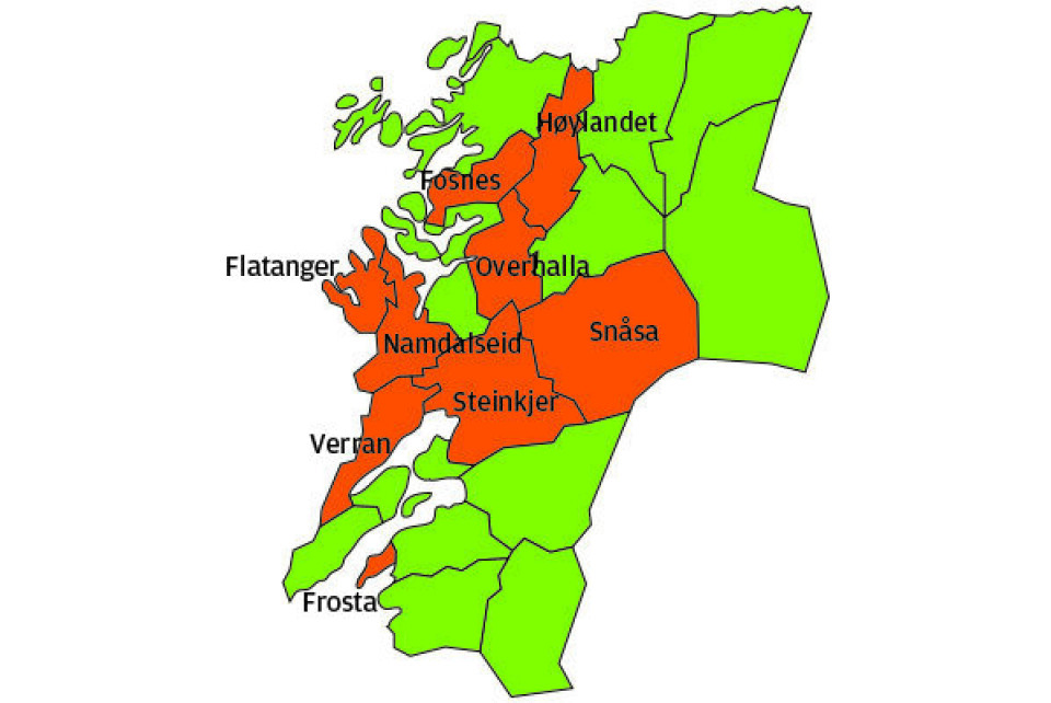 Kommunene med folkeavstemning i Nord-Trøndelag i dag er merket med rødt i dette kartet. Artikkelen oppdateres etter hvert som resultatene kommer inn. Grafikk: Britt Glosvik Kommunene med folkeavstemning i Nord-Trøndelag i dag er merket med rødt i dette kartet. Artikkelen oppdateres etter hvert som resultatene kommer inn. Grafikk: Britt Glosvik