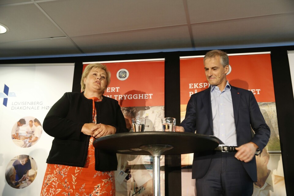 Statsminister Erna Solberg og Jonas Gahr Støre i duell om helsepolitikk i dag, mandag. Foto: Terje Pedersen / NTB scanpix Statsminister Erna Solberg og Jonas Gahr Støre i duell om helsepolitikk i dag, mandag. Foto: Terje Pedersen / NTB scanpix