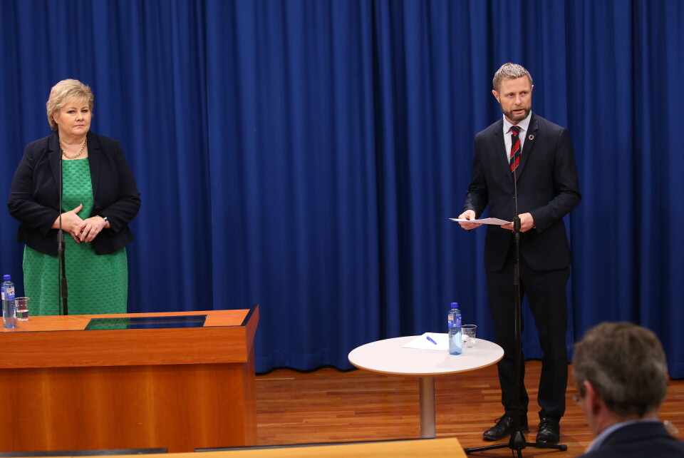 Statsminister Erna Solberg og helseminister Bent Høie under onsdagens pressekonferanse om spredningen av koronaviruset. Statsminister Erna Solberg og helseminister Bent Høie under onsdagens pressekonferanse om spredningen av koronaviruset.