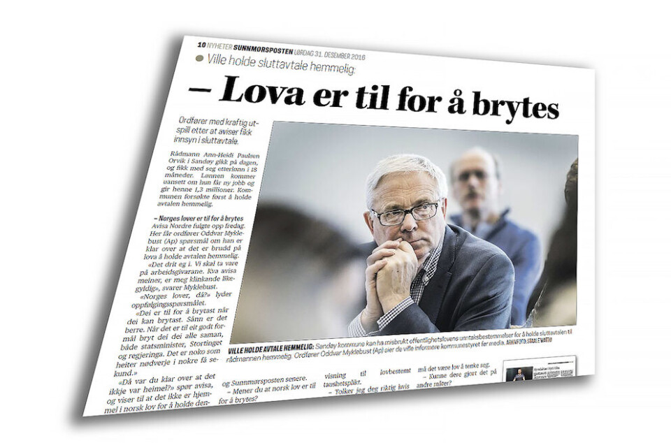 Sandøy-ordfører Oddvar Myklebust (Ap) fikk svært mye oppmerksomhet da han sa at han gir blaffen i at det var lovbrudd å hemmeligholde sluttavtalen med rådmannen. Faksimile av Sunnmørsposten 31. desember. Sandøy-ordfører Oddvar Myklebust (Ap) fikk svært mye oppmerksomhet da han sa at han gir blaffen i at det var lovbrudd å hemmeligholde sluttavtalen med rådmannen. Faksimile av Sunnmørsposten 31. desember.