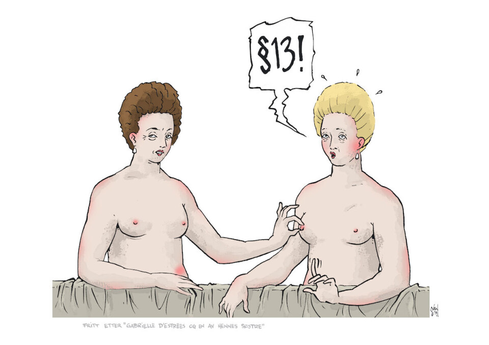 Fritt etter «Gabrielle d'Estrées og en av hennes søstre». Illustrasjon: Sven Tveit Fritt etter «Gabrielle d'Estrées og en av hennes søstre». Illustrasjon: Sven Tveit