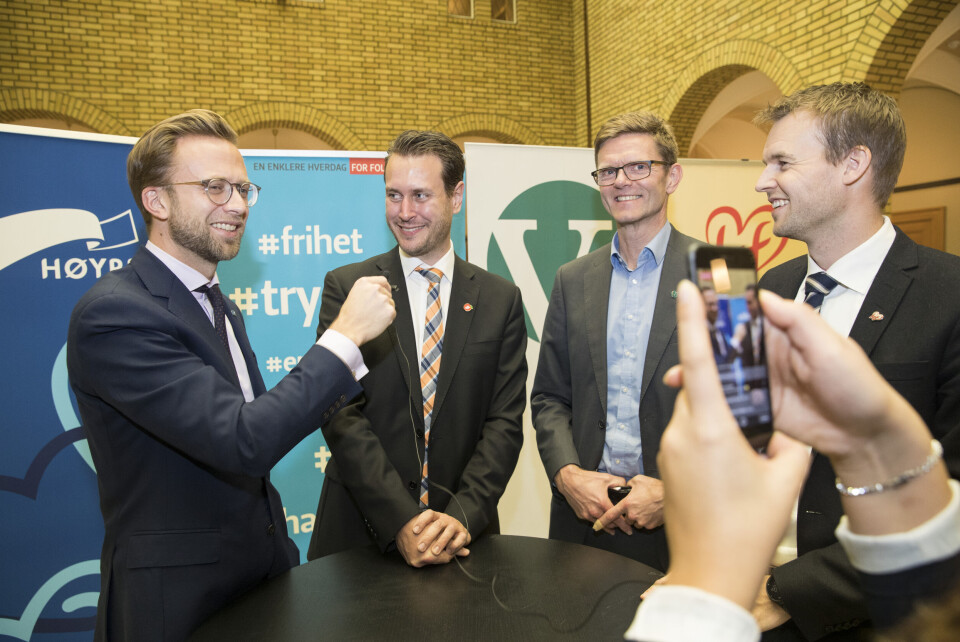 De finanspolitiske talsmennene var fornøyde med budsjettforliket i Stortinget i går: Nicolai Astrup (H), Helge André Njåstad (Frp), Terje Breivik (V) og Kjell Ingolf Ropstad (KrF). Foto: Håkon Mosvold Larsen / NTB scanpix De finanspolitiske talsmennene var fornøyde med budsjettforliket i Stortinget i går: Nicolai Astrup (H), Helge André Njåstad (Frp), Terje Breivik (V) og Kjell Ingolf Ropstad (KrF). Foto: Håkon Mosvold Larsen / NTB scanpix