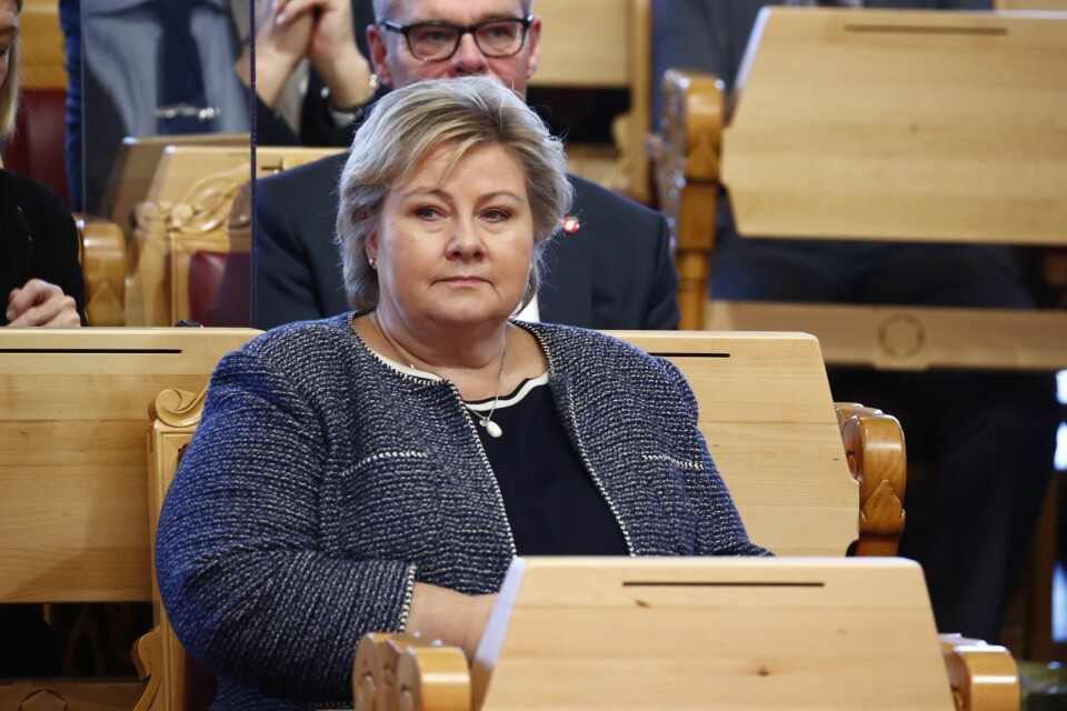 Statsminister Erna Solberg under trontaledebatten i Stortinget. Statsminister Erna Solberg under trontaledebatten i Stortinget.