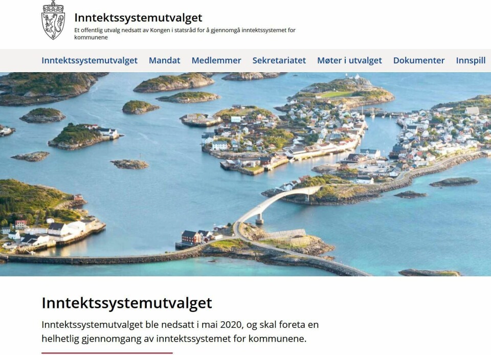 Slik ser nettsiden til utvalget ut som skal gå gjennom kommunesektorens inntektssystem. Kommuner kan her komme med sine innspill. Slik ser nettsiden til utvalget ut som skal gå gjennom kommunesektorens inntektssystem. Kommuner kan her komme med sine innspill.