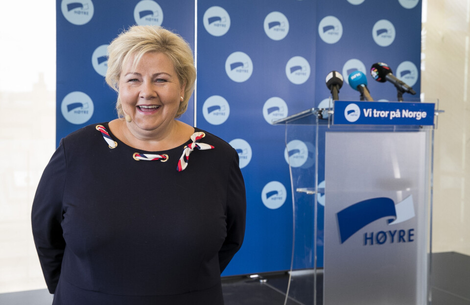 Statsminister Erna Solberg la fram Høyres skoleløfter foran valgkampen. Hun gjør kampen mot frafall i videregående skole til et hovedmål for regjeringen fremover. Foto: Terje Pedersen / NTB scanpix Statsminister Erna Solberg la fram Høyres skoleløfter foran valgkampen. Hun gjør kampen mot frafall i videregående skole til et hovedmål for regjeringen fremover. Foto: Terje Pedersen / NTB scanpix