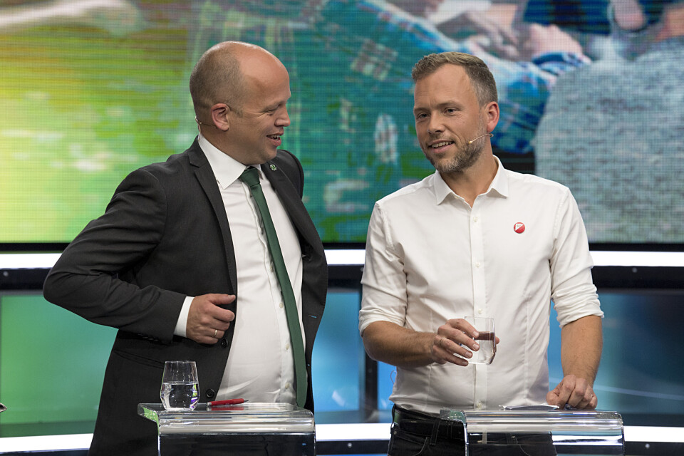 Sp-leder Trygve Slagsvold Vedum kan bli kommunevalgets suverene vinner når det gjelder antall mandater i kommunevalget. Også SVs Audun Lysbakken kan glede seg over det som ser ut til å bli en markant styrking av partiet. Foto: Marit Hommedal / NTB scanpix Sp-leder Trygve Slagsvold Vedum kan bli kommunevalgets suverene vinner når det gjelder antall mandater i kommunevalget. Også SVs Audun Lysbakken kan glede seg over det som ser ut til å bli en markant styrking av partiet. Foto: Marit Hommedal / NTB scanpix