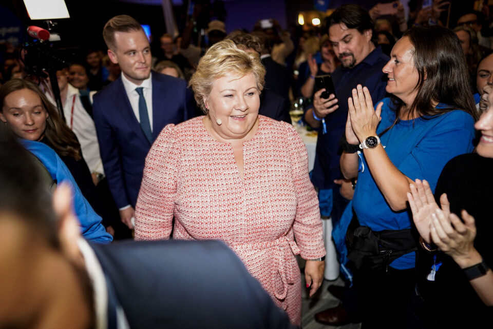 Høyre er valgvinneren. Ambisjonen har hele tiden vært å doble antall ordførere fra dagens rundt 35. Det vil gå greit, skriver politisk redaktør Agnar Kaarbø. Her partileder Erna Solberg på partiets valgvake i Oslo. Høyre er valgvinneren. Ambisjonen har hele tiden vært å doble antall ordførere fra dagens rundt 35. Det vil gå greit, skriver politisk redaktør Agnar Kaarbø. Her partileder Erna Solberg på partiets valgvake i Oslo.