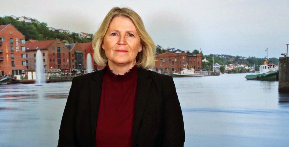 Kommunedirektør Karin Finnerud sa i april at arbeidsgiver har rett til å kreve feilutbetaling refundert. Nå har kommunen inngått forlik med firmaet bak lønnssystemet. Karin Finnerud, kommunedirektør i Skien kommune, foran bilde av vann og bebyggelse.