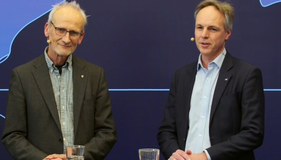 Sjeføkonom Torbjørn Eika (t.v.) og utlånsdirektør Lars Strøm Prestvik i Kommunalbanken under den digitale Framsiktkonferansen .