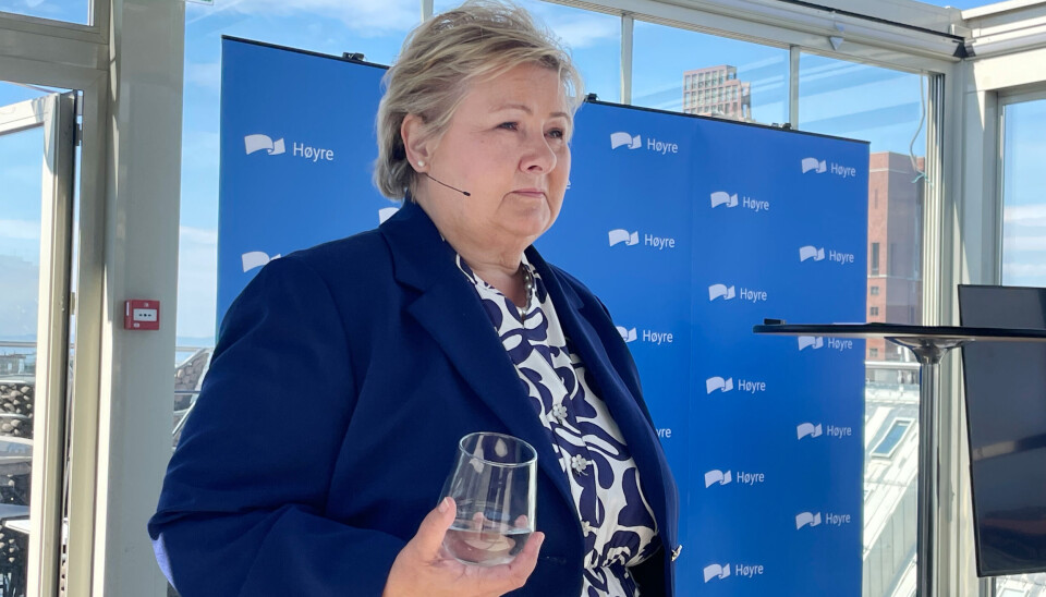 Høyre-leder Erna Solberg under partiets pressekonferanse tirsdag, som handlet om skole.