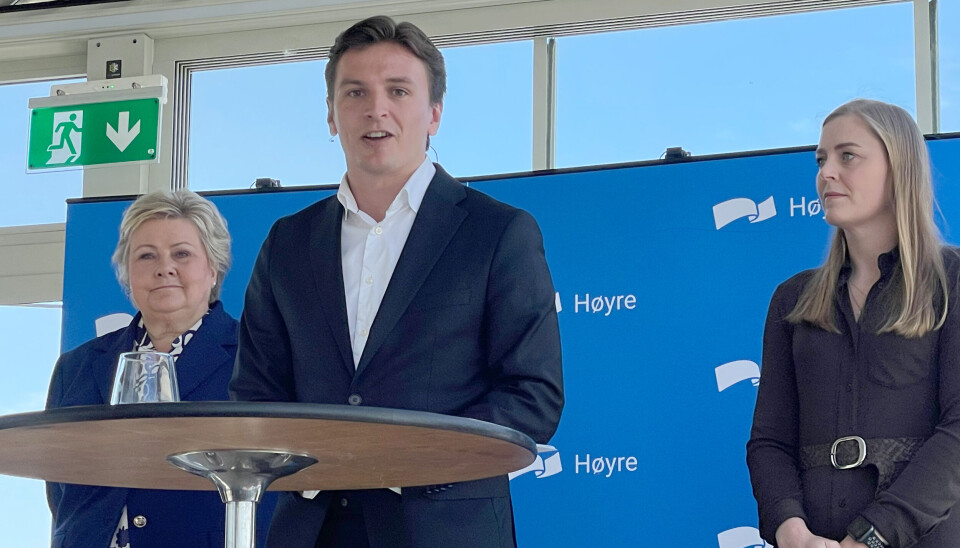 Partileder Erna Solberg, Ola Svenneby, leder for Unge Høyre, og partiets nestleder Tina Bru presenterte Høyres løfter innen skole.