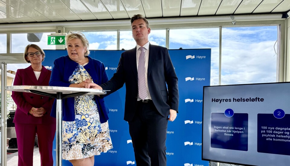 Komitéleder Tone Wilhelmsen Trøen, partileder Erna Solberg og nestleder Henrik Asheim lanserte Høyres helseløfte under en pressekonferanse i Oslo mandag.